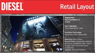 Retail Layout
Flagship Store
Piazza San Babila 1/3
3 Levels
Store Highlights:
“The Diesel World” Cafe
Innovative Technology:
Interactive mirror: Diesel 360
Basement: Men’s Wear
Ground Flood: accessories, watches,
perfumes, sunglasses, hats. “Jean’s
Lounge” Café, with some home
accessories,
Upstairs: Women & Children
 
