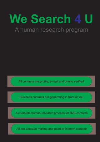 We Search U4
A human research program
Business contacts are generating in front of you
A complete human research process for B2B contacts
All are decision making and point-of-interest contacts
All contacts are profile, e-mail and phone verified
 