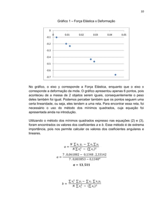 10


                       Gráfico 1 – Força Elástica x Deformação

              0
                   0        0.01     0.02      0.03     0.04     0.05
            -0.1

            -0.2

            -0.3

            -0.4

            -0.5

            -0.6

            -0.7


No gráfico, o eixo y corresponde a Força Elástica, enquanto que o eixo x
corresponde a deformação da mola. O gráfico apresentou apenas 6 pontos, pois
aconteceu de a massa de 2 objetos serem iguais, consequentemente o peso
deles também foi igual. Podemos perceber também que os pontos seguem uma
certa linearidade, ou seja, eles tendem a uma reta. Para encontrar essa reta, foi
necessário o uso do método dos mínimos quadrados, cuja equação foi
apresentada ainda na introdução.

Utilizando o método dos mínimos quadrados expresso nas equações (2) e (3),
foram encontrados os valores dos coeficientes a e b. Esse método é de extrema
importância, pois nos permite calcular os valores dos coeficientes angulares e
lineares.
 