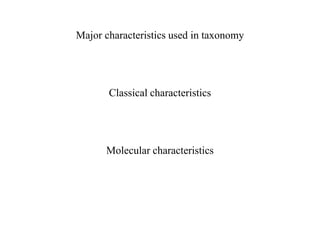 Major characteristics used in taxonomy
Classical characteristics
Molecular characteristics
 