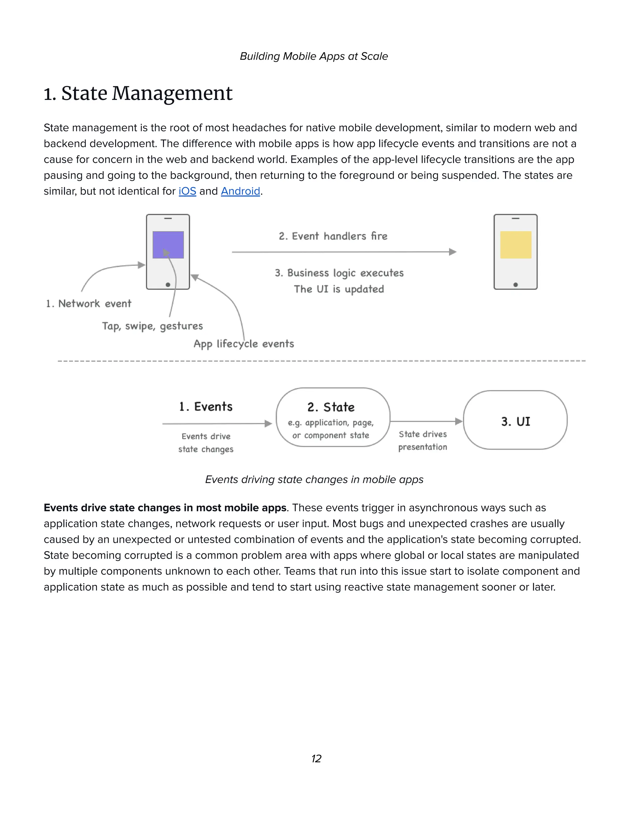 Building Mobile Apps at Scale
1. State Management
State management is the root of most headaches for native mobile development, similar to modern web and
backend development. The difference with mobile apps is how app lifecycle events and transitions are not a
cause for concern in the web and backend world. Examples of the app-level lifecycle transitions are the app
pausing and going to the background, then returning to the foreground or being suspended. The states are
similar, but not identical for iOS and Android.
Events driving state changes in mobile apps
Events drive state changes in most mobile apps. These events trigger in asynchronous ways such as
application state changes, network requests or user input. Most bugs and unexpected crashes are usually
caused by an unexpected or untested combination of events and the application's state becoming corrupted.
State becoming corrupted is a common problem area with apps where global or local states are manipulated
by multiple components unknown to each other. Teams that run into this issue start to isolate component and
application state as much as possible and tend to start using reactive state management sooner or later.
12
 