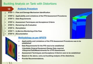 Buckling Analysis on Tank with Distortions
10 Analysis Procedure
STEP 1 – Flaw and Damage Mechanism Identification
STEP 3 – Data Requirements
STEP 2 – Applicability and Limitations of the FFS Assessment Procedures
STEP 4 – Assessment Techniques and Acceptance Criteria




STEP 5 – Remaining Life Evaluation
STEP 6 – Remediation
STEP 7 – In-Service Monitoring of the Flaw
STEP 8 – Documentation
Methodology as per API579
 Applicability and Limitations of the FFS Assessment Procedures was to be
established
Data Requirements for the FFS was to be established
Available Original Equipment Design Data required
Required Data/Measurements for a FFS Assessment.
Assessment Techniques and Acceptance Criteria’s were to be established
Based on the above, carry out buckling analysis of the distortions.
Provide Recommendations.
 