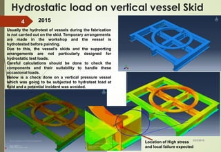 Hydrostatic load on vertical vessel Skid
3/23/2016
4
Usually the hydrotest of vessels during the fabrication
is not carried out on the skid. Temporary arrangements
are made in the workshop and the vessel is
hydrotested before painting.
Due to this, the vessel’s skids and the supporting
arrangements are not particularly designed for
hydrostatic test loads.
Careful calculations should be done to check the
components and their suitability to handle these
occasional loads.
Below is a check done on a vertical pressure vessel
which was going to be subjected to hydrotest load at
field and a potential incident was avoided.
Location of High stress
and local failure expected
2015
 