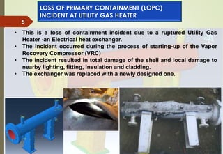 3/23/2016
5
• This is a loss of containment incident due to a ruptured Utility Gas
Heater -an Electrical heat exchanger.
• The incident occurred during the process of starting-up of the Vapor
Recovery Compressor (VRC)
• The incident resulted in total damage of the shell and local damage to
nearby lighting, fitting, insulation and cladding.
• The exchanger was replaced with a newly designed one.
LOSS OF PRIMARY CONTAINMENT (LOPC)
INCIDENT AT UTILITY GAS HEATER
 