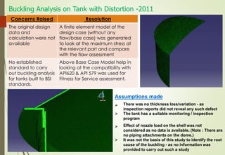 Buckling Analysis on Tank with Distortion -2011
9
Assumptions made
There was no thickness loss/variation - as
inspection reports did not reveal any such defect
The tank has a suitable monitoring / inspection
program


Concerns Raised Resolution
The original design
data and
calculation were not
available
A finite element model of the
design case (without any
flaw/base case) was generated
to look at the maximum stress at
the relevant part and compare
with the flaw assessment
No established
standard to carry
out buckling analysis
for tanks built to BSI
standards.
Above Base Case Model help in
looking at the compatibility with
API620 & API 579 was used for
Fitness for Service assessment.
Effect of nozzle load on the shell was not
considered as no data is available. (Note : There are
no piping attachments on the dome.)
It was not the basis of this study to identify the root
cause of the buckling - as no information was
provided to carry out such a study


 