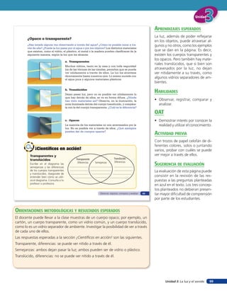 Unidad 3: La luz y el sonido
UnidadUnidadUnidad
99
¿Opaco o transparente?
¿Has estado alguna vez observando a través del agua? ¿Cómo es posible mirar a tra-
vés de ella? ¿Puede la luz pasar por el agua o por los objetos? Los distintos materiales
que existen, como el vidrio, el plástico, el metal o la madera pueden clasificarse de la
siguiente manera, según la luz que los alcanza:
Transparentes y
translúcidos
Escribe en el diagrama las
semejanzas y las diferencias
de los cuerpos transparentes
y translúcidos. Asegúrate de
entender bien cómo se utili-
za el diagrama. Consulta a tu
profesor o profesora.
¡Científicos en acción!¡Científicos en acción!
a. Transparentes
Muchos vidrios, tanto en la casa y con toda seguridad
los de las vitrinas de las tiendas, permiten que se pueda
ver nítidamente a través de ellos. La luz los atraviesa
directamente hasta nuestros ojos. Lo mismo sucede con
el agua pura y algunos materiales plásticos.
b. Translúcidos
Dejan pasar luz, pero no es posible ver nítidamente lo
que hay detrás de ellos, se ve en forma difusa. ¿Dónde
has visto materiales así? Observa, en la ilustración, la
zona iluminada detrás del cuerpo translúcido, y compára-
la con la del cuerpo transparente. ¿Cuál es la diferencia?
c. Opacos
La mayoría de los materiales no son atravesados por la
luz. No es posible ver a través de ellos. ¿Qué ejemplos
puedes dar de cuerpos opacos?
Transparente
Diferencias
Translúcido
DiferenciasSemejanzas
Observar, registrar, comparar y analizar 63
orienTaciones MeTodolóGicas Y resulTados esperados
El docente puede llevar a la clase muestras de un cuerpo opaco; por ejemplo, un
cartón, un cuerpo transparente, como un vidrio común, y un cuerpo translúcido,
como lo es un vidrio separador de ambiente. Investigar la posibilidad de ver a través
de cada uno de ellos.
Las respuestas esperadas a la sección ¡Científicos en acción! son las siguientes.
Transparente, diferencias: se puede ver nítido a través de él.
Semejanzas: ambos dejan pasar la luz; ambos pueden ser de vidrio o plástico.
Translúcido, diferencias: no se puede ver nítido a través de él.
aprendiZaJes esperados
La luz, además de poder reflejarse
en los objetos, puede atravesar al-
gunos y no otros, como los ejemplos
que se dan en la página. Es decir,
existen los cuerpos transparentes y
los opacos. Pero también hay mate-
riales translúcidos, que si bien son
atravesados por la luz, no dejan
ver nítidamente a su través, como
algunos vidrios separadores de am-
bientes.
HaBilidades
• Observar, registrar, comparar y
analizar.
oaT
• Demostrar interés por conocer la
realidad y utilizar el conocimiento.
acTiVidad preVia
Con trozos de papel celofán de di-
ferentes colores, solos o juntando
varios, probar con cuáles se puede
ver mejor a través de ellos.
suGerencia de eValuación
La evaluación de esta página puede
consistir en la revisión de las res-
puestas a las preguntas planteadas
en azul en el texto. Los tres concep-
tos planteados no debieran presen-
tar mayor dificultad de comprensión
por parte de los estudiantes.
 