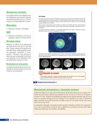 Guía Didáctica para el Profesor136
La Luna
La Luna es nuestro vecino del espacio más cercano. Se trata de un satélite natural. Es
más pequeña que la Tierra, pero se ve grande porque está mucho más cerca que los
demás planetas. Es redonda, sólida y rocosa. No tiene luz propia, y se ve iluminada
porque refleja la luz del Sol.
En la Luna no hay agua, aire ni nubes. La vida no es posible allí. Por esto los astro-
nautas que la visitaron debían vestir trajes especiales para poder sobrevivir sobre su
superficie.
La Luna rota sobre sí misma y se traslada alrededor de la Tierra. Demora 27 días y
fracción en dar una vuelta completa a la Tierra.
Para poder observar la mayor cantidad posible de estrellas en una noche despe-
jada, hay que hacerlo cuando hay luna nueva. ¿Por qué?
Desafía tu menteDesafía tu mente
Durante su movimiento alrededor de la Tierra, observamos distintas partes ilumina-
das de la Luna. Estos cambios en la iluminación de la Luna vistos desde la Tierra se
llaman fases lunares.
Luna
Tierra
Luna nueva Cuarto creciente Cuarto menguanteLuna llena
90 Unidad 4 • Lección 6: El Sistema Solar
orienTaciones MeTodolóGicas Y resulTados esperados
El docente debe tener claro que el fenómeno de las fases de la Luna se explica me-
diante las posiciones relativas que adoptan el Sol, la Luna y la Tierra en el espacio
durante un mes. También es probable que algunos estudiantes piensen que la Luna
tiene un tamaño semejante al Sol, porque la ven grande en el cielo. El docente
debe aclararles que este fenómeno se debe a que la Luna está mucho más cerca
de la Tierra que el Sol.
La respuesta esperada a la pregunta de la sección Desafía tu mente es la siguiente:
la luz de la Luna llena inunda el cielo y debilita el contraste luminoso que debe
haber para distinguir las estrellas más débiles.
aprendiZaJes esperados
Esta página tiene como objetivo que
los estudiantes reconozcan algunas
características de la Luna, sus movi-
mientos y el significado de sus fases.
HaBilidades
• Observar, conocer y distinguir.
oaT
• Demostrar interés por conocer la
realidad y utilizar el conocimiento
acTiVidad preVia
Observar y analizar en el calendario
las fases de la Luna de un mes del
año. Luego, dibujar en la pizarra las
distintas fases, distinguiendo entre
los conceptos “creciente” y “men-
guante”. Plantear a los alumnos y
alumnas que comprueben las fechas
que aparecen en el calendario, ob-
servando ellos mismos la Luna.
suGerencia de eValuación
La pregunta planteada en la sección
Desafía tu mente puede servir como
instancia de evaluación.
 