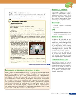 Unidad 4: La Tierra y el Sistema Solar
Unidad
145
Origen de las estaciones del año
El tiempo que tarda la Tierra en una vuelta completa alrededor del Sol se llama año.
Durante un año se suceden cuatro estaciones, cada una con características propias.
¿Conoces las estaciones del año? La siguiente actividad práctica te ayudará para
comprender cómo se originan las estaciones del año.
Las estaciones del año
Objetivo
Representar mediante un modelo las estaciones del año.
¿Qué se necesita?
• un globo terráqueo
• un plumón
• una ampolleta común
en su portalámparas
• una mesa despejada
• un pliego de cartulina
¿Cómo hacerlo?
La Tierra rota alrededor de su eje norte-sur. Si te fijas bien, el globo terráqueo
tiene su eje norte-sur ligeramente inclinado. La Tierra está siempre algo inclinada
mientras rota y se traslada.
1. Dibuja una circunferencia en la cartulina, ocupando todo su tamaño. Coloca los
materiales como ilustra la figura, en una sala oscurecida. La única luz debe ser la
de la ampolleta.
2. La ampolleta está en el centro de la cartulina, cuidando que esté a la misma al-
tura del globo terráqueo. Traslada lentamente el globo por la circunferencia.
3. Mantén siempre el eje norte-sur del glo-
bo terráqueo apuntando en una única
dirección. Fíjate cómo llega la luz de la
ampolleta a los hemisferios norte y sur.
4. A medida que trasladas el globo a lo
largo de una vuelta completa, compa-
ra los hemisferios norte y sur del glo-
bo terráqueo (el hemisferio norte es el
que corresponde a la mitad de arriba y
el hemisferio sur la mitad de abajo) en
cuanto a la iluminación proveniente de
la ampolleta. Repite la acción hasta ase-
gurarte de haber observado bien.
¿Qué resultados obtuviste?
1. ¿Cuándo es más directa y cuándo es más inclinada la luz que ilumina los hemis-
ferios?
2. ¿Sucede en alguna posición del globo que los hemisferios norte y sur estén igual
de iluminados?
¡Científicos en acción!¡Científicos en acción!
Observar, comparar, experimentar, analizar y evaluar 99
orienTaciones MeTodolóGicas Y resulTados esperados
Recalcar que la ampolleta debe estar ubicada a la altura del centro del globo terrá-
queo. Mientras desplazan el globo por la órbita dibujada, no es necesario provocar
el movimiento de rotación de la Tierra, puede ser un distractor. El énfasis en esta
actividad está en la observación atenta de la luz que incide en los hemisferios norte
y sur a medida que trasladan el globo. Los resultados esperados son los siguientes:
1. Durante una vuelta completa alrededor de la ampolleta, sucede que sólo una
vez un hemisferio dado queda iluminado directamente y una vez queda iluminado
ese mismo hemisferio con luz que llega muy inclinada. Lo que sucede en el otro
hemisferio es justo lo opuesto respecto a la iluminación. 2. Los hemisferios norte
y sur quedan iluminados de igual forma cuando la ampolleta queda justo frente al
ecuador. Esto sucede dos veces en una vuelta completa.
aprendiZaJes esperados
En esta página se plantea una activi-
dad práctica que permitirá a los es-
tudiantes entender el origen de las
estaciones mediante la elaboración
de un modelo que utiliza un globo
terráqueo y una ampolleta común.
HaBilidades
• Observar, comparar, analizar y
comunicar.
oaT
• Demostrar interés por conocer la
realidad y utilizar el conocimiento.
acTiVidad preVia
El origen de las estaciones del año
provoca un preconcepto muy ex-
tendido que asocia las estaciones a
la lejanía o cercanía de la Tierra al
Sol. Se recomienda insistir sobre él
y plantear la discusión acerca de qué
creen los alumnos y alumnas que
provoca los cambios de estación.
Se sugiere comentar cada una de
las acciones que deberan realizar
en la actividad planteada como una
forma de asegurar su comprensión.
suGerencia de eValuación
La evaluación proviene del informe
de los resultados obtenidos en la ac-
tividad. Otra opción de evaluación
es realizar una puesta en común en
la que los estudiantes comuniquen
los resultados y conclusiones obte-
nidos de la actividad.
 