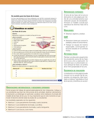 Unidad 4: La Tierra y el Sistema Solar
Unidad
147
Un modelo para las fases de la Luna
La Luna viaja alrededor de la Tierra reflejando la luz del Sol y mostrando siempre la
misma cara. Vemos diferentes partes iluminadas de ella en el transcurso de los días,
según la posición que tenga respecto del Sol y la Tierra. En la siguiente actividad
práctica armarás un modelo para distinguir las diferentes fases de la Luna: nueva,
cuarto creciente, luna llena y cuarto menguante.
Las fases de la Luna
Objetivo
Representar mediante un modelo las fases de la Luna.
¿Qué se necesita?
• Bola pequeña de plumavitMR
• Papel negro opaco
• Linterna
• Tijera
• Caja grande de zapatos
• Cinta adhesiva
¿Cómo hacerlo?
1. Cubre el interior de la caja y su tapa con el papel negro y fíjalo con cinta adhesiva.
2. Haz una abertura en el centro de uno de los lados de la caja y fija ahí la linterna.
3. Haz cuatro aberturas pequeñas en los lados de la caja y enuméralas.
4. La bola de plumavitMR
representará a la Luna. Suspéndela del centro de la tapa
de la caja, de manera que al colocarla sobre la caja quede a la altura de la linter-
na y de las aberturas.
5. Tapa y sella la caja para que no entre ninguna otra luz aparte de la luz de la
linterna. Mira hacia adentro de la caja a través de cada abertura, y dibuja lo que
observas cada vez. ¿Qué concluyes?
¿Qué resultados se obtuvo?
Registra tus observaciones en la siguiente tabla.
¡Científicos en acción!¡Científicos en acción!
Abertura Nº Observación Nombre de la fase
1
2
3
4
Tapa
Bola
Orificio 3
Orificio 2
Orificio 1
Orificio 4
Linterna
Observar, comparar, experimentar, analizar, evaluar y registrar 101
orienTaciones MeTodolóGicas Y resulTados esperados
Forme grupos de trabajo de aproximadamadamente tres integrantes. Indique a
sus estudiantes que lean las instrucciones de la actividad, observen atentamente
la ilustración y se detengan en particular a analizar cómo realizaran el armado del
modelo de las fases de la Luna. Es muy importante que en este momento en par-
ticular el docente atienda todas las dudas de sus estudiantes
Los resultados esperados son los siguientes:
• Abertura 1: Luna parcialmente iluminada, cuarto creciente.
• Abertura 2: Luna totalmente iluminada, Luna llena.
• Abertura 3: Luna parcialmente iluminada, cuarto menguante.
• Abertura 4: Luna oscura, Luna nueva.
aprendiZaJes esperados
El tema de las fases de la Luna se
demuestra en esta página por me-
dio de una actividad práctica que
realizarán grupos de estudiantes.
Armarán un modelo a escala que
reproduce las distintas fases de la
Luna.
HaBilidades
• Observar, registrar y analizar.
oaT
• Demostrar interés por conocer la
realidad y utilizar el conocimiento.
• Trabajar en equipo de manera
responsable, construyendo re-
laciones basadas en la confiaza
mutua.
acTiVidad preVia
Plantear una discusión grupal entre
los estudiantes acerca de las fases
de la Luna y de su explicación. Se
recordará que un preconcepto co-
mún atribuye las fases a la sombra
de la Tierra proyectada en la Luna.
suGerencia de eValuación
La evaluación en esta página puede
consistir en la revisión de las res-
puestas a la pregunta ¿Qué resul-
tados se obtuvo? planteada al final
de la sección ¡Científicos en acción!
 