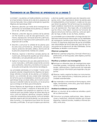 Unidad 1: Las plantas y el medio ambiente
Unidad
19
La Unidad 1, Las plantas y el medio ambiente, se enmarca
en el eje temático Ciencias de la vida de la asignatura de
Ciencias Naturales. Esta unidad contempla los siguientes
Objetivos de Aprendizaje (OA):
• Observar y describir, por medio de la investigación ex-
perimental, las necesidades de las plantas y su relación
con la raíz, el tallo y las hojas.
• Observar y describir algunos cambios de las plantas
con flor durante su ciclo de vida (germinación, creci-
miento, reproducción, formación de la flor y del fruto),
reconociendo la importancia de la polinización y de la
dispersión de la semilla.
• Describir y comunicar la utilidad de las plantas para
los seres vivos y el hombre (ej.: alimentación, aire para
respirar, productos derivados, belleza, disminución de
la polución) proponiendo medidas de cuidado.
• Observar, registrar e identificar variadas plantas de
nuestro país, distinguiendo aquellas que tienen efectos
medicinales y son perjudiciales para la salud.
• Explicar la importancia de usar adecuadamente los re-
cursos (naturales y artificiales) proponiendo acciones
para reutilizarlos, reducirlos y reciclarlos en la casa y en
la escuela construyendo instrumentos tecnológicos.
Las actividades planteadas en la Unidad 1 tienen como
propósito abordar integralmente los Objetivos de Apren-
dizaje referidos al estudio de las plantas y el medioam-
biente. Los contenidos de esta unidad están diseñados
de tal forma que la complejidad es creciente, para que el
aprendizaje tenga una base sólida, por lo tanto se acon-
seja que se aborden todas las secciones y en la secuencia
que se entrega en el Texto para el Estudiante.
Dichos Objetivos de Aprendizaje se abordan en las dos
lecciones de la Unidad 1 mediante el desarrollo de di-
versas actividades cuyo propósito es capacitar a los es-
tudiantes para que puedan realizar las tareas descritas al
inicio, como son observar, identificar, comparar, clasificar
y describir características de las plantas, como así también
aprender respecto del ciclo de las plantas, sus usos para los
seres humanos, y la importancia que tienen los recursos
naturales y artificiales. Es así que se espera que alumnos
TraTaMienTo de los oBJeTiVos de aprendiZaJe de la unidad 1
y alumnas queden capacitados para dar respuesta a pre-
guntas como: ¿Qué importancia tienen las plantas para
el medioambiente y el ser humano? ¿Cuáles son los usos
que tienen las plantas? De tal forma que los estudiantes
logren establecer claramente las características anatómi-
cas y de reproducción. Para lograr ello, es fundamental
que los niños y niñas logren reconocer las funciones de
algunas estructuras internas y externas, como por ejem-
plo: las hojas, el tallo, la raíz, las flores, etcétera.
Las actividades que se desarrollan a lo largo de esta Uni-
dad están estrechamente relacionadas con las Habilidades
de investigación científicas para Tercer Año Básico y, por
lo tanto, es importante asegurarse de que las actividades
sean desarrolladas de forma adecuada, para de esta ma-
nera potenciar la adquisición de tales habilidades. Dichas
habilidades se detallan a continuación:
Observar y preguntar
a) Observar y plantear preguntas y formular inferencias y
predicciones, en forma guiada, sobre objetos y eventos
del entorno.
Planificar y conducir una investigación
b) Participar en diferentes tipos de investigaciones expe-
rimentales guiadas, incluyendo manipulación de ma-
teriales, observaciones y clasificaciones de materiales
simples y buscar información para responder a las pre-
guntas.
c) Observar, medir y registrar los datos con instrumentos,
parra hacer observaciones y mediciones precisas con
unidades estandarizadas.
d) Usar materiales e instrumentos en forma segura, como
reglas, termómetros, entre otros, para hacer observa-
ciones y mediciones.
Analizar la evidencia y comunicar
e) Hacer un resumen de las evidencias extraídas a partir
de sus observaciones.
f) Comunicar sus propias explicaciones, ideas, observa-
ciones y mediciones, utilizando métodos que incluyen
diagramas, material concreto, modelos e informes sen-
cillos, entre otros.
 
