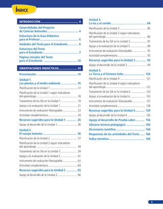 3
índice
INTRODUCCIÓN................................................ 4
Generalidades del Proyecto
de Ciencias Naturales........................................ 4
Estructura de la Guía Didáctica
para el Profesor................................................. 6
Unidades del Texto para el Estudiante ............. 6
Estructura del Texto
para el Estudiante............................................. 7
Páginas iniciales del Texto
para el Estudiante ...........................................10
ORIENTACIONES DIDÁCTICAS........................14
Presentación.....................................................14
Unidad 1.
Las plantas y el medio ambiente .....................16
Planificación de la Unidad 1 ......................................17
Planificación de la Unidad 1 según indicadores
del aprendizaje..........................................................18
Tratamiento de los OA en la Unidad 1....................... 19
Apoyo a la evaluación de la Unidad 1....................... 21
Instrumento de evaluación fotocopiable.................... 23
Actividad complementaria........................................ 24
Recursos sugeridos para la Unidad 1 ............. 25
Apoyo al desarrollo de la Unidad 1........................... 26
Unidad 2.
El cuerpo humano ........................................... 56
Planificación de la Unidad 2 .................................... 57
Planificación de la Unidad 2 según indicadores
del aprendizaje ........................................................ 58
Tratamiento de los OA en la Unidad 2....................... 59
Apoyo a la evaluación de la Unidad 2....................... 61
Instrumento de evaluación fotocopiable.................... 63
Actividad complementaria........................................ 64
Recursos sugeridos para la Unidad 2 ............. 65
Apoyo al desarrollo de la Unidad 2........................... 66
Unidad 3.
La luz y el sonido............................................. 84
Planificación de la Unidad 3 ..................................... 85
Planificación de la Unidad 3 según indicadores
del aprendizaje......................................................... 86
Tratamiento de los OA en la Unidad 3....................... 87
Apoyo a la evaluación de la Unidad 3....................... 89
Instrumento de evaluación fotocopiable.................... 91
Actividad complementaria........................................ 92
Recursos sugeridos para la Unidad 3.............. 93
Apoyo al desarrollo de la Unidad 3........................... 94
Unidad 4.
La Tierra y el Sistema Solar........................... 120
Planificación de la Unidad 4 ................................... 121
Planificación de la Unidad 4 según indicadores
del aprendizaje....................................................... 122
Tratamiento de los OA en la Unidad 4..................... 123
Apoyo a la evaluación de la Unidad 4..................... 125
Instrumento de evaluación fotocopiable.................. 127
Actividad complementaria...................................... 128
Recursos sugeridos para la Unidad 4............ 129
Apoyo al desarrollo de la Unidad 4......................... 130
Apoyo al desarrollo de Prueba saber............ 156
Glosario técnico-pedagógico........................ 160
Diccionario científico .................................... 164
Respuestas de las actividades del Texto ...... 166
Índice temático.............................................. 169
 