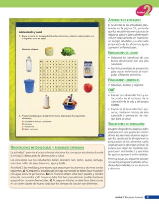 Unidad 2: El cuerpo humano
Unidad
81
Alimentación y salud
1. Busca y marca en la sopa de letras los alimentos y objetos relacionados con
la higiene: ocho en total.
2. Propón medidas para evitar enfermarse al preparar los siguientes
alimentos:
a) Ensalada de lechuga con tomate.
b) Mariscos.
c) Huevo frito.
d) Bistec con arroz.
M L N B V C T X Z S D F
L E C H E G O H J K L Ñ
Q C W R T Y A P S D F Q
G H J K L Ñ L Z M X C U
V U B N M L L K A J H C
A G U A G F A D N S Q Q
B A S U R E R O Z W R U
T Y P Ñ K L J G A H S E
D F G B N M V D N W X S
U T I L E S D E A S E O
Alimentos e higiene
55
aprendiZaJes esperados
El desarrollo de las actividades plan-
teadas en la página 55, pretende
que los estudiantes sean capaces de
relacionarqueunabuena alimentación
influye directamente en mantener
un cuerpo saludable y la adecuada
preparación de los alimentos ayuda
a prevenir enfermedades.
indicadores de loGro
• Relaciona los beneficios de una
buena alimentación con una vida
saludable.
• Identifica medidas de prevención
para evitar enfermarse al mani-
pular diferentes alimentos.
HaBilidades cienTíficas
• Observar, analizar y registrar.
oaT
• Favorecer el desarrollo físico y au-
tocuidado en el contexto de la
valoración de la vida y del propio
cuerpo.
• Favorecer el desarrollo físico per-
sonal, mediante hábitos de vida
saludable y prevención de ries-
gos para la salud.
suGerencias de eValuación
Losaprendizajesdeestapáginapueden
evaluarse con una puesta en común
donde los alumnos y alumnas expon-
gan los beneficios de la higiene en la
preparación de los alimentos tanto
vegetales como de origen animal. Se
espera que digan las medidas pro-
puestas en la actividad 2 y que estas
les ayudan a prevenir enfermedades.
Permita pasar a la siguiente sección
una vez que haya revisado las activi-
dades desarrolladas por sus alumnos
y alumnas.
orienTaciones MeTodolóGicas Y resulTados esperados
La actividad 1 permite a los estudiantes relacionar los conceptos estudiados durante
la Unidad 2 destacando la alimentación y salud.
Los conceptos que los estudiantes deben descubrir son: leche, queso, lechuga,
manzana, útiles de aseo, basurero, agua y toalla.
Actividad 2: las medidas que se espera que propongan los alumnos y alumnas son las
siguientes. a) Al preparar la ensalada de lechuga con tomate se deben lavar muy bien
con agua antes de prepararlas. b) Los mariscos deben estar bien lavados y cocidos
antes de consumirlos. c) El huevo se debe freír bien para eliminar posibles bacterias
que podrían causar enfermedades. d) Al preparar el bistec se debe lavar bien y cocer
en un sartén aparte del huevo dado que los tiempos de cocción son diferentes.
 