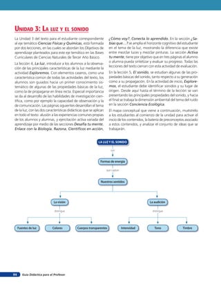 Guía Didáctica para el Profesor84
son
que captan
distingue distingue
LA LUZ Y EL SONIDO
Formas de energía
Nuestros sentidos
La visión La audición
Fuentes de luz Intensidad Tono TimbreColores Cuerpos transparentes
La Unidad 3 del texto para el estudiante correspondiente
al eje temático Ciencias Físicas y Químicas, está formada
por dos lecciones, en las cuales se abordan los Objetivos de
aprendizaje planteados para este eje temático en las Bases
Curriculares de Ciencias Naturales de Tercer Año Básico.
La lección 4, La luz, introduce a los alumnos a la observa-
ción de las principales características de la luz mediante la
actividad Exploremos. Con elementos caseros, como una
característica común de todas las actividades del texto, los
alumnos son guiados hacia un primer conocimiento sis-
temático de algunas de las propiedades básicas de la luz,
como la de propagarse en línea recta. Especial importancia
se da al desarrollo de las habilidades de investigación cien-
tífica, como por ejemplo la capacidad de observación y la
de comunicación. Las páginas siguientes desarrollan el tema
de la luz, con las dos características didácticas que se aplican
en todo el texto: alusión a las experiencias comunes propias
de los alumnos y alumnas, y ejercitación activa variada del
aprendizaje por medio de las secciones Desafía tu mente,
Enlace con la Biología, Razona, Científicos en acción,
unidad 3: la luZ Y el sonido
¿Cómo voy?, Conecta lo aprendido. En la sección ¿Sa-
bías que…? se amplía el horizonte cognitivo del estudiante
en el tema de la luz, mostrando la diferencia que existe
entre mezclar luces y mezclar pinturas. La sección Activa
tu mente, tiene por objetivo que en tres páginas el alumno
o alumna pueda sintetizar y evaluar su progreso. Todas las
lecciones del texto cierran con esta actividad de evaluación.
En la lección 5, El sonido, se estudian algunas de las pro-
piedades básicas del sonido, tanto respecto a su generación
como a su propagación. En la actividad de inicio, Explore-
mos, el estudiante debe identificar sonidos y su lugar de
origen. Desde aquí hasta el término de la lección se van
presentando las principales propiedades del sonido, y hacia
el final se trabaja la dimensión ambiental del tema del ruido
en la sección Conciencia Ecológica.
El mapa conceptual que viene a continuación, muéstrelo
a los estudiantes al comienzo de la unidad para activar el
inicio de los contenidos, la batería de preconceptos asociado
a estos contenidos, y analizar el conjunto de ideas que se
trabajarán.
 