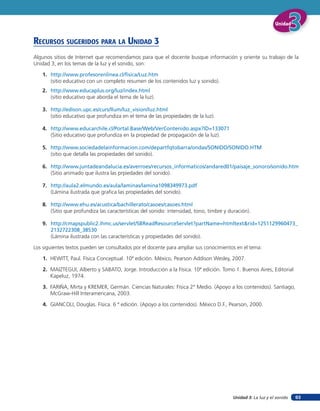 Unidad 3: La luz y el sonido
UnidadUnidadUnidad
93
RECURSOS SUGERIDOS PARA LA UNIDAD 3
Algunos sitios de Internet que recomendamos para que el docente busque información y oriente su trabajo de la
Unidad 3, en los temas de la luz y el sonido, son:
1. http://www.profesorenlinea.cl/fisica/Luz.htm
(sitio educativo con un completo resumen de los contenidos luz y sonido).
2. http://www.educaplus.org/luz/index.html
(sitio educativo que aborda el tema de la luz).
3. http://edison.upc.es/curs/llum/luz_vision/luz.html
(sitio educativo que profundiza en el tema de las propiedades de la luz).
4. http://www.educarchile.cl/Portal.Base/Web/VerContenido.aspx?ID=133071
(Sitio educativo que profundiza en la propiedad de propagación de la luz).
5. http://www.sociedadelainformacion.com/departfqtobarra/ondas/SONIDO/SONIDO.HTM
(sitio que detalla las propiedades del sonido).
6. http://www.juntadeandalucia.es/averroes/recursos_informaticos/andared01/paisaje_sonoro/sonido.htm
(Sitio animado que ilustra las prpiedades del sonido).
7. http://aula2.elmundo.es/aula/laminas/lamina1098349973.pdf
(Lámina ilustrada que grafica las propiedades del sonido).
8. http://www.ehu.es/acustica/bachillerato/casoes/casoes.html
(Sitio que profundiza las características del sonido: intensidad, tono, timbre y duración).
9. http://cmapspublic2.ihmc.us/servlet/SBReadResourceServlet?partName=htmltext&rid=1251129960473_
2132722308_38530
(Lámina ilustrada con las características y propiedades del sonido).
Los siguientes textos pueden ser consultados por el docente para ampliar sus conocimientos en el tema:
1. HEWITT, Paul. Física Conceptual. 10ª edición. México, Pearson Addison Wesley, 2007.
2. MAIZTEGUI, Alberto y SABATO, Jorge. Introducción a la Física. 10ª edición. Tomo 1. Buenos Aires, Editorial
Kapeluz, 1974.
3. FARIÑA, Mirta y KREMER, Germán. Ciencias Naturales: Física 2° Medio. (Apoyo a los contenidos). Santiago,
McGraw-Hill Interamericana, 2003.
4. GIANCOLI, Douglas. Física. 6 ª edición. (Apoyo a los contenidos). México D.F., Pearson, 2000.
 