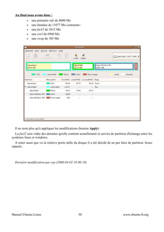 Au final nous avons donc :
           ➢   une primaire ntfs de 8000 Mo
           ➢   une étendue de 11077 Mo contenant :
           ➢   une fat32 de 3812 Mo
           ➢   une ext3 de 6960 Mo
           ➢   une swap de 305 Mo




  Il ne reste plus qu'à appliquer les modifications (bouton Apply)
  La fat32 sera vidée des données qu'elle contient actuellement et servira de partition d'échange entre les
systèmes linux et windows.
  À noter aussi que vu la relative petite taille du disque il a été décidé de ne pas faire de partition /home
séparée.



  Dernière modification par cep (2006-04-02 18:00:19)




Manuel Ubuntu Linux                                50                                 www.ubuntu-fr.org
 