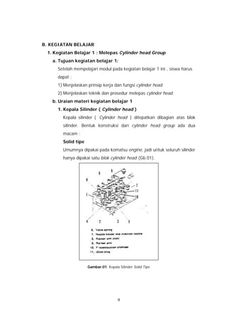 B. KEGIATAN BELAJAR
 1. Kegiatan Belajar 1 : Melepas Cylinder head Group
   a. Tujuan kegiatan belajar 1:
     Setelah mempelajari modul pada kegiatan belajar 1 ini , siswa harus
     dapat :
     1) Menjelaskan prinsip kerja dan fungsi cylinder head
     2) Menjelaskan teknik dan prosedur melepas cylinder head
   b. Uraian materi kegiatan belajar 1
     1. Kepala Silinder ( Cylinder head )
       Kepala silinder ( Cylinder head ) ditepatkan dibagian atas blok
       silinder. Bentuk konstruksi dari cylinder head group ada dua
       macam :
       Solid tipe
       Umumnya dipakai pada komatsu engine, jadi untuk seluruh silinder
       hanya dipakai satu blok cylinder head (Gb.01).




                 Gambar.01. Kepala Silinder Solid Tipe




                    Gambar.01. Kepala Silinder Solid Tipe




                                     9
 