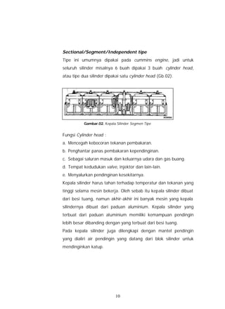 Sectional/Segment/Independent tipe
Tipe ini umumnya dipakai pada cummins engine, jadi untuk
seluruh silinder misalnya 6 buah dipakai 3 buah cylinder head,
atau tipe dua silinder dipakai satu cylinder head (Gb.02).




           Gambar.02. Kepala Silinder Segmen Tipe


Fungsi Cylinder head :
a. Mencegah kebocoran tekanan pembakaran.
b. Penghantar panas pembakaran kependinginan.
c. Sebagai saluran masuk dan keluarnya udara dan gas buang.
d. Tempat kedudukan valve, injektor dan lain-lain.
e. Menyalurkan pendinginan kesekitarnya.
Kepala silinder harus tahan terhadap temperatur dan tekanan yang
tinggi selama mesin bekerja. Oleh sebab itu kepala silinder dibuat
dari besi tuang, namun akhir-akhir ini banyak mesin yang kepala
silindernya dibuat dari paduan aluminium. Kepala silinder yang
terbuat dari paduan aluminium memiliki kemampuan pendingin
lebih besar dibanding dengan yang terbuat dari besi tuang.
Pada kepala silinder juga dilengkapi dengan mantel pendingin
yang dialiri air pendingin yang datang dari blok silinder untuk
mendinginkan katup.




                            10
 