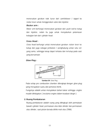 meneruskan gerakan naik turun dari camfollower / tappet ke
  rocker lever untuk menggerakan valve dan injektor.
  Rocker arm :
  Roker arm berfungsi meneruskan gerakan dari push rod ke katup
  dan injektor, selain itu juga untuk menyalurkan pelumasan
  kebagian lain dari cylinder head.


  Cross Head :
  Cross head berfungsi untuk meneruskan gerakan rocker lever ke
  katup dan juga sebagai jembatan / penghubung untuk satu set
  yang sama, sehingga katup dapat terbuka dan tertutup pada saat
  yang bersamaan


 Glow Plug :




                     Gambar.04. Glow Plug

 Pada setiap pre combustion chamber dilengkapi dengan glow plug
 yang merupakan suatu alat pemanas listrik.
 Fungsinya adalah untuk menyalakan bahan bakar sehingga engine
 mudah dihidupkan ( terutama engine dalam keadaan dingin )


2. Ruang Pembakaran
  Ruang pembakaran adalah ruang yang dilingkupi oleh permukaan
  bawah cylinder head, permukaan atas blok silinder dan permukaan
  atas silinder, saat piston berada dititik mati atas (TMA)




                              13
 