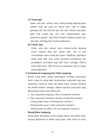 c) F-head type
    Intake valve dan exhaust valve masing-masing dipasang pada
    cylinder head dan pada sisi silinder blok. Type ini adalah
    gabungan dari tipe OHV dan tipe side valve. Bentuk uang bakar
    agak mirip dengan tipe side valve. Bagaimanapun juga,
    mekanisme gerakan valve lebih komplek banding dengan tipe
    side valve. Sehingga tipe ini jarang digunakan.
  d) T-head type
     Intake valve dan exhaust valve masing-masing dipasang
     secara terpisah disisi dari silinder blok. Tipe ini bisa
     memindahkan udara masuk dan keluar. Sebaliknya, diperlukan
     waktu yang lebih lama untuk meratakan pembakaran dan
     pendinginan permukaan juga lebih besar sehingga efisiensi
     panas lebih buruk. Oleh karena itu ruang bakar tipe ini sangat
     jarang digunakan.
3. Pembakaran Langsung dan Tidak Langsung
  Bentuk ruang bakar sangat berpengaruh terhadap kemampuan
  mesin, sebab itu ruang bakar direncanakan sedemikian rupa agar
  secepatnya campuran udara dan bahan bakar menjadi homogen
  dan mudah terbakar sekaligus. Adapun tipe-tipe ruang bakar yang
  dipergunakan pada mesin diesel yaitu :
  a. Tipe ruang bakar langsung ( Direct combustion chamber)
  b. Tipe ruang bakar tambahan( Auxiliary combustion chamber)
    1) Ruang bakar muka ( Precombustion chamber )
    2) Ruang bakar pusar ( Swirl combustion chamber )
    3) Ruang bakar sel udara ( Air cell combustion chamber )
  Ruang Bakar langsung
  Ruang bakar ditempatkan antara kepala silinder dan bahan bakar
  lansung diinjeksikan ke dalam ruang bakar. Pada sistem ini untuk




                            15
 