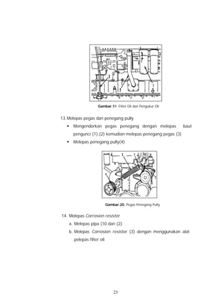 Gambar.19. Filter Oli dan Pengukur Oli


13. Melepas pegas dan penegang pully
   §     Mengendorkan pegas penegang dengan melepas             baut
         pengunci (1),(2) kemudian melepas penegang pegas (3)
   §     Melepas penegang pully(4)




                              Gambar.20. Pegas Penegang Pully


14. Melepas Corrosion resistor
       a. Melepas pipa (10 dan (2)
       b. Melepas Corrosion resistor (3) dengan menggunakan alat
         pelepas filter oli




                                  23
 