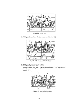 Gambar.26. Rocker arm


20. Melepas Cross head (1) dan Melepas Push rod (2)




                 Gambar.27. Cross head dan Push rod


21. Melepas Injection nozzle holder
   Melepas baut pengikat (1) kemudian melepas Injection nozzle
   holder (2).




                     Gambar.28. Injection Nozzle Holder




                              26
 