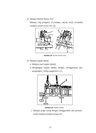 22. Melepas Rumah Rocker arm
   Melepas ring pengunci (1),melepas saluran air(2) kemudian
   melepas rumah rocker arm (3)




                    Gambar.29. Rumah Rocker Arm


23. Melepas kepala silinder
   a. Melepas baut kepala solinder
   b. Mengangkat kepala silinder dengan menggunakan alat
      pengangkat ( lifting equipment ) (1)




                      Gambar.30. Kepala Silinder

     c. Melepas pegas katup dengan menggunakan alat penekan
       untuk melepas pengunci pegas (3)




                              27
 