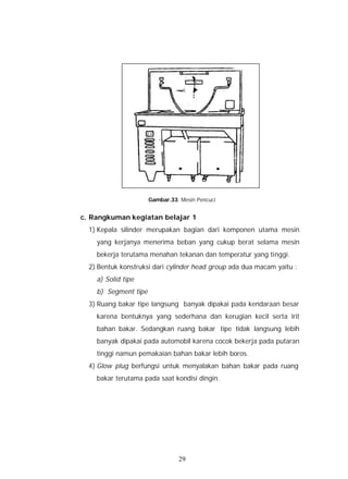 Gambar.33. Mesin Pencuci


c. Rangkuman kegiatan belajar 1
  1) Kepala silinder merupakan bagian dari komponen utama mesin
    yang kerjanya menerima beban yang cukup berat selama mesin
    bekerja terutama menahan tekanan dan temperatur yang tinggi.
  2) Bentuk konstruksi dari cylinder head group ada dua macam yaitu :
    a) Solid tipe
    b) Segment tipe
  3) Ruang bakar tipe langsung banyak dipakai pada kendaraan besar
    karena bentuknya yang sederhana dan kerugian kecil serta irit
    bahan bakar. Sedangkan ruang bakar tipe tidak langsung lebih
    banyak dipakai pada automobil karena cocok bekerja pada putaran
    tinggi namun pemakaian bahan bakar lebih boros.
  4) Glow plug berfungsi untuk menyalakan bahan bakar pada ruang
    bakar terutama pada saat kondisi dingin.




                                29
 