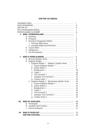 DAFTAR ISI MODUL

HALAMAN JUDUL.........................................................................        i
KATA PENGANTAR.......................................................................         iii
DAFTAR ISI ................................................................................   iv
PETA KEDUDUKAN MODUL...........................................................               v
PERISTILAHAN/ GLOSSARY ..........................................................             vi
   I. BAB I PENDAHULUAN.....................................................                  1
         A. Deskripsi .................................................................       1
         B. Prasyarat .................................................................       2
         C. Petunjuk Penggunaan Modul......................................                   2
             1. Petunjuk Bagi Siswa.............................................              2
             2. petunjuk Bagi Guru/instruktur ...............................                 2
         D. Tujuan Akhir............................................................          3
         E. Kompetensi..............................................................          4
         F. Cek Kemampuan ......................................................              7

   II. BAB II PEMELAJARAN ....................................................                8
         A. Rencana Belajar Siswa ..............................................              8
         B. Kegiatan Belajar .......................................................          9
            1. Kegiatan Belajar 1 : Melepas Cylinder Head ............                        9
               a. Tujuan Kegiatan Belajar 1 ................................                  9
               b. Uraian Materi 1 ...............................................             9
               c. Rangkuman 1 .................................................               29
               d. Tugas 1 .........................................................           30
               e. Test Formatif 1 ...............................................             30
               f. Jawaban Test Formatif 1..................................                   31
               g. Lembar Kerja 1 ...............................................              32
            2. Kegiatan Belajar 2 : Memasang Cylinder Head ........                           33
               a. Tujuan Kegiatan Belajar 2 ................................                  33
               b. Uraian Materi 2 ...............................................             33
               c. Rangkuman 2 .................................................               45
               d. Tugas 2 .........................................................           45
               e. Test Formatif 2 ...............................................             45
               f. Jawaban Test Formatif 2..................................                   46
               g. Lembar Kerja 2 ...............................................              47

 III. BAB III EVALUASI ..........................................................             48
        A. Pertanyaan ..............................................................          48
        B. Jawaban Soal Evaluasi ..............................................               49
        C. Kriteria Kelulusan .....................................................           51

  IV. BAB IV PENUTUP............................................................ 52
      DAFTAR PUSTAKA........................................................... 53



                                                iv
 