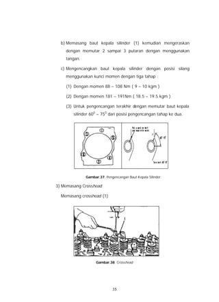 b) Memasang baut kepala silinder (1) kemudian mengeraskan
    dengan memutar 2 sampai 3 putaran dengan menggunakan
    tangan.

  c) Mengencangkan baut kepala silinder dengan posisi silang
    menggunakan kunci momen dengan tiga tahap :

    (1) Dengan momen 88 – 108 Nm ( 9 – 10 kgm )

    (2) Dengan momen 181 – 191Nm ( 18.5 – 19.5 kgm )

    (3) Untuk pengencangan terakhir dengan memutar baut kepala
        silinder 600 – 750 dari posisi pengencangan tahap ke dua.




              Gambar.37. Pengencangan Baut Kepala Silinder

3) Memasang Crosshead

  Memasang crosshead (1)




                    Gambar.38. Crosshead




                             35
 