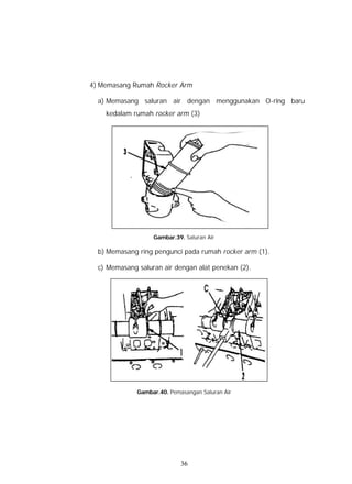4) Memasang Rumah Rocker Arm

  a) Memasang saluran air dengan menggunakan O-ring baru
    kedalam rumah rocker arm (3)




                   Gambar.39. Saluran Air

  b) Memasang ring pengunci pada rumah rocker arm (1).

  c) Memasang saluran air dengan alat penekan (2).




              Gambar.40. Pemasangan Saluran Air




                             36
 