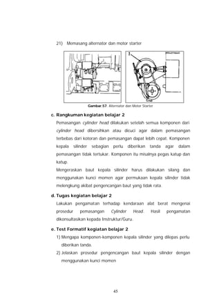 21) Memasang alternator dan motor starter




                        Gambar.57. Alternator dan Motor Starter

c. Rangkuman kegiatan belajar 2
  Pemasangan cylinder head dilakukan setelah semua komponen dari
  cylinder head dibersihkan atau dicuci agar dalam pemasangan
  terbebas dari kotoran dan pemasangan dapat lebih cepat. Komponen
  kepala     silinder     sebagian     perlu    diberikan    tanda   agar   dalam
  pemasangan tidak tertukar. Komponen itu misalnya pegas katup dan
  katup.
  Mengeraskan baut kepala silinder harus dilakukan silang dan
  menggunakan kunci momen agar permukaan kepala silinder tidak
  melengkung akibat pengencangan baut yang tidak rata.

d. Tugas kegiatan belajar 2
  Lakukan pengamatan terhadap kendaraan alat berat mengenai
  prosedur      pemasangan           Cylinder     Head.      Hasil   pengamatan
  dikonsultasikan kepada Instruktur/Guru.

e. Test Formatif kegiatan belajar 2
  1) Mengapa komponen-komponen kepala silinder yang dilepas perlu
    diberikan tanda.
  2) Jelaskan prosedur pengencangan baut kepala silinder dengan
    menggunakan kunci momen




                                       45
 