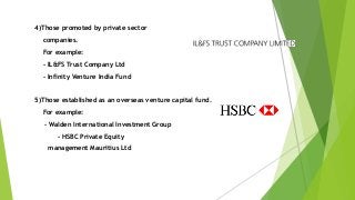 4)Those promoted by private sector
companies.
For example:
- IL&FS Trust Company Ltd
- Infinity Venture India Fund
5)Those established as an overseas venture capital fund.
For example:
- Walden International Investment Group
- HSBC Private Equity
management Mauritius Ltd
 