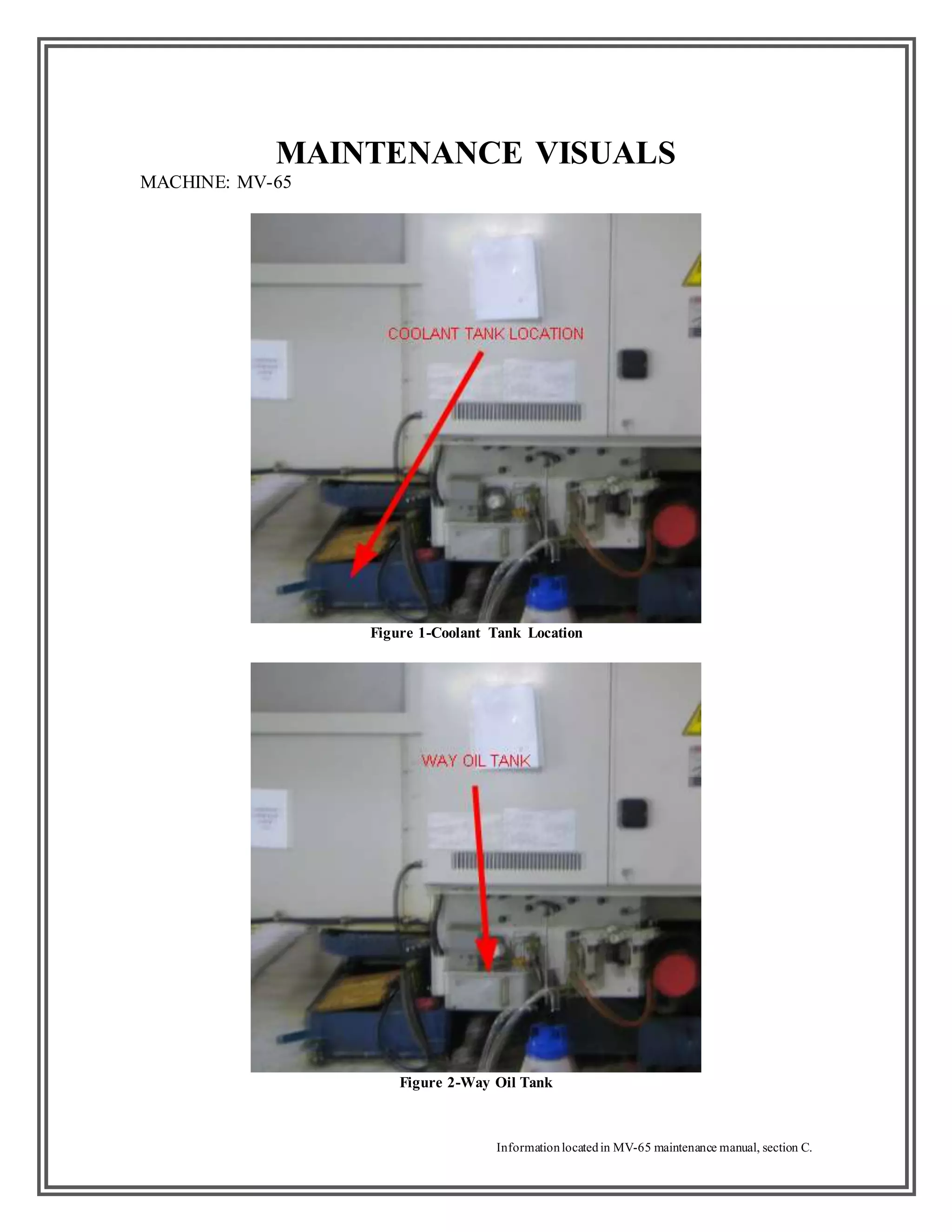 Informationlocatedin MV-65 maintenance manual, section C.
MAINTENANCE VISUALS
MACHINE: MV-65
Figure 1-Coolant Tank Location
Figure 2-Way Oil Tank
 