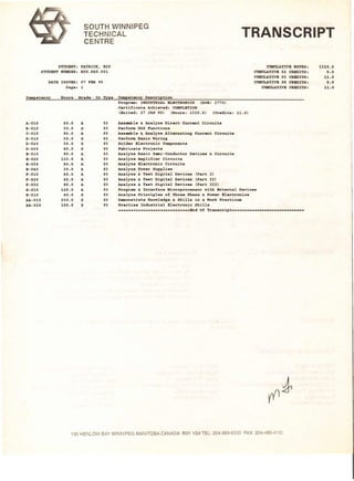 SOUTH WINNIPEG
TECHNICAL
CENTRE
TRANSCRIPT
STUDENT. PATRICK. ROY
STUDENT NUMBER. ROY.PAT.OOl
DATE ISSUED. 07 FEB 95
Page. 1
Competency Hour. Grade Cr Type Competency Description
CUHULATIVE HOURS.
CUMULATIVE 02 CREDITS.
CUMULATIVE 03 CREDITS:
CUMULATIVE as CREDITS.
CUHULATIVE CREDITS.
(Credits: 11.0)
Program: INDUSTRIAL ELECTRONICS (DOE. 1770)
Certificate Achieved: COMPLETION
(Exited: 27 JAN 95) (Hours: 1320.0)
A-010 60.0 A 03 Aa.Glble & Analyze Direct CUrrent Circuita
B-010 30.0 S 03 Perform DOS Functions
C-010 90.0 A 03 AssGlble & Analyze Alternating CUrrent Circuits
D-010 30.0 S 03 Perform Basic Wiring
D-020 30.0 S 03 Solder Electronic Component.
D-030 60.0 S 03 Fabricate Project.
E-OlD 90.0 A 03 Analyze Ba.ic Semi-Conductor Device. & Circuit.
E-020 120.0 A 03 Analyze Amplifier Circuit.
E-030 60.0 A 03 Analyze Electronic Circuit.
E-040 30.0 A 03 Analyze Power Supplies
F-010 60.0 A 03 Analyze & Te.t Digital Devices (Part I)
F-020 60.0 A 03 Analyze & Teat Digital Devic •• (Part II)
F-030 90.0 A 03 Analyze & Test Digital Devic •• (Part III)
G-010 120.0 A 03 Program • Xnt.rfaQ. Microproc ••• or with Bxternal Devic ••
H-010 60.0 S 03 Analyze Principle. of Three Pha.e & Power Electronica
AA-010 230.0 S 03 Demonstrate Knowledge & Skills in a Work Practicum
AA-020 100.0 S 03 Practise Indu.trial Electronic Skill.
=~=•••• ==== ••••• ==== ••••• ====Bnd Of Tran.cript=~===.=_ ••=== •• a ••• =•••• _••••
130 HENLOW BAY WINNIPEG MANITOBA CANADA R3Y 1G4 TEL: 204-989-6500 FAX: 204-488-4152
1320.a
0.0
11.0
0.0
11.0
 