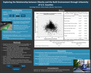 Exploring the Relationship between Obesity and the Built Environment through Urbanicity
of U.S. Counties
Sociology Honors: Olivia Godsil, Mentor: Sara Curran
Introduction
• Question: Is there an association between obesity and urban status
at the county level in the United States?
• Hypothesis:
• Obesity is a significant public health concern in the industrialized
world: an epidemic resulting in fatal but preventable diseases (CDC
2014; WHO 2015)
• The proportion of the world population
living in cities is increasing (UN 2014)
• Urban status = the size of the city
(population density) in combination with
how people behave within that built
environment (infrastructure)
• Social determinants of health = the conditions of the social
environment in which one lives and grows
• Social determinants of health view: changes in a person’s everyday
encounters with the surrounding infrastructure can better prevent or
lessen obesity
• Genetics and behaviors do not explain it all
Methods
• Merged four data sets from the CDC (2010), the Census (2000), and
two American Community Surveys 5-year average (2006-2010)
• County level (3,076 counties)
• Dependent variable: obesity prevalence (measured in 2010)
• BMI measure = weight divided by height squared (kg/m2)
• Independent variables (measured prior to 2010):
• Urban status (urban-rural classification)
• Population density (individuals per square mile)
• Average commute times (in minutes)
• Commute methods (walk, bike, public transit, drive, home)
• Controls: Age-adjusted obesity prevalence and sex
• Step 1: Bivariate analysis - Scatter plot of population density and
obesity prevalence
• Step 2: OLS multiple regression of population density, average
commute times, and modal commute methods on obesity prevalence
• Step 3: Estimates of the impact of urban status on obesity prevalence
based on equation results from step 2
Discussion
• Commuting behavior mediates the relationship between obesity and population density
• As expected, areas with shorter commute times and more individuals walking, biking, or riding transit to work tend to have
fewer obese residents
• The importance is not in urban status so much as the type of city one lives in
• Cities with better infrastructures tend to provide more opportunities for physical activity
• Cities could really be the first place to make a difference since they are becoming the primary place of residence
• Manageable enterprising actions policy wise: strategic urban planning and city
planning that encourages walking, biking, and transit use
• Outside of cities residents are spread out, which makes policy harder to enforce
• Where an individual lives matters!
• Walkability is important
Urban
Status
Obesity
Results
Table 2. Impact Assessment of Urban Status on Obesity Prevalence
Better than Average Public Transit
(Mean +2 s.d.)
Better than Average Walking and Biking
(Mean +2 s.d.)
Expected Change in Obesity Prevalence - 5.9% - 3.58%
Acknowledgements
A special thank you to Hedwig Lee, Tim Thomas, Frank Edwards, and Patty Glynn for all of the guidance and support!
Marshall, Sean. 2012. “Striving for Transit-Friendly Communities in the Puget Sound Region.” Smart Growth America.
Parkford, Stan. 2014. “Polk Street Contra-Flow Bike lane Opens to the Public.” Streets Blog SF.
ObesityCity
Daily Routine
Table 1. Relationships between Obesity and Select Social
Determinants of Health. Adults in U.S. Counties, 5-year average
(2006-2010).
Estimate (Standard
Error)
Population Density 3.074*** (0.728)
Percent Female 0.012 (0.034)
Average Commute Time (in minutes) 0.019*** (0.005)
Percent who Walk or Bike to work -0.435*** (0.068)
Percent who take Public Transit -0.822*** (0.070)
Percent who Drive -0.341*** (0.057)
Percent who work from Home -0.638*** (0.058)
Constant 65.376*** (5.891)
R2
0.162 (4.066)
Note: *p<0.05; **p<0.01; ***p<0.001; (two-tailed tests).
Table 1. Relationships between Obesity and Select Social
Determinants of Health. Adults in U.S. Counties, 5-year average
(2006-2010).
Social Determinant of Health Estimate (Standard Error)
Population Density -1.518*** (0.126)
Percent Female 0.128*** (0.035)
Average Commute Time (in minutes) 0.018*** (0.005)
Percent who Walk or Bike to work -0.405*** (0.066)
Percent who take Public Transit -0.452*** (0.062)
Percent who Drive -0.246*** (0.057)
Percent who work from Home -0.645*** (0.057)
Constant 53.285*** (5.843)
R2 0.195 (3.986)
Note: *p<0.05; **p<0.01; ***p<0.001; (two-tailed tests).
 