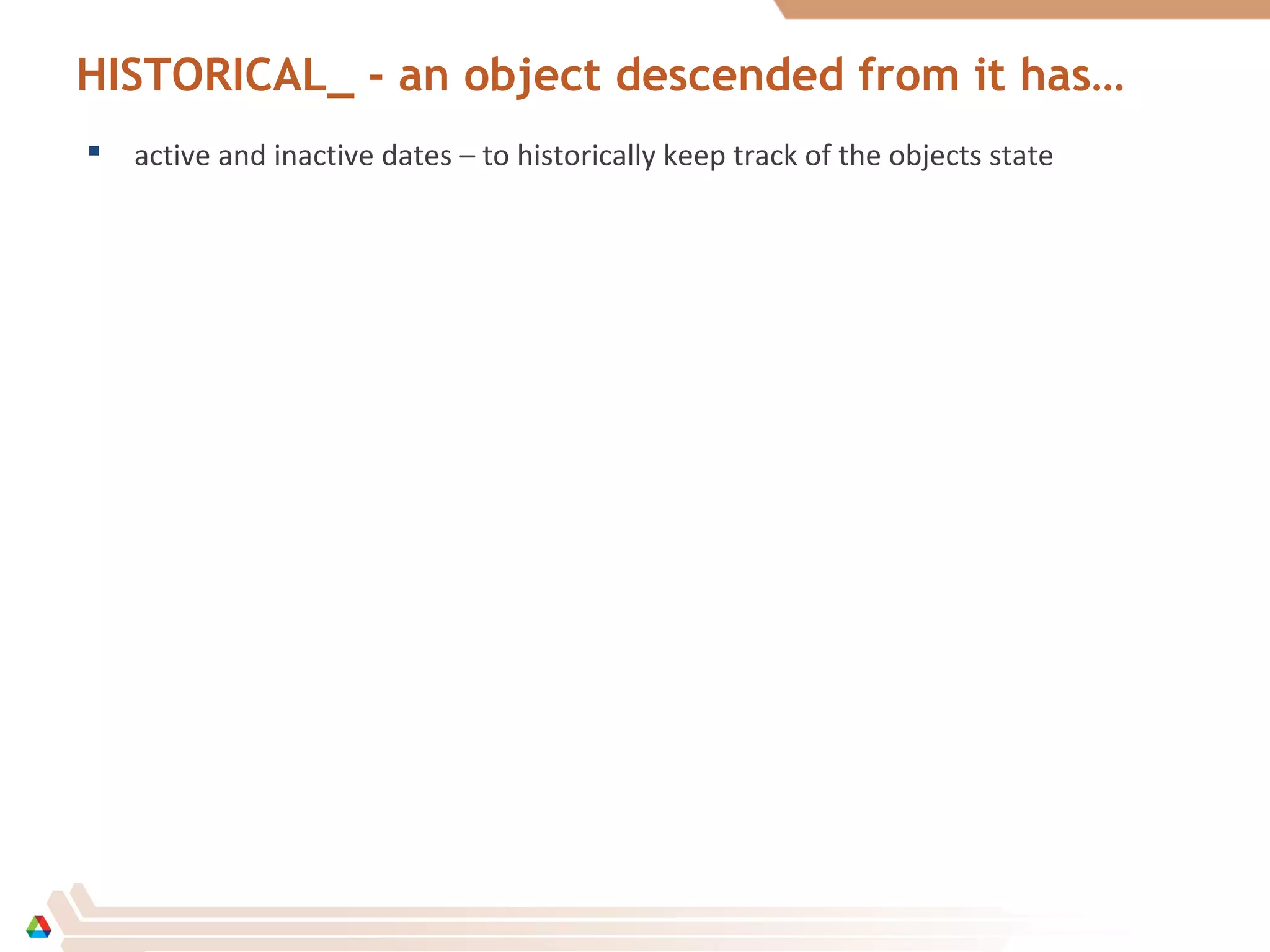 HISTORICAL_ - an object descended from it has…
 active and inactive dates – to historically keep track of the objects state
 