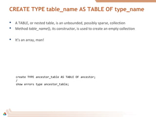 CREATE TYPE table_name AS TABLE OF type_name
 A TABLE, or nested table, is an unbounded, possibly sparse, collection
 Method table_name(), its constructor, is used to create an empty collection
 It’s an array, man!
create TYPE ancestor_table AS TABLE OF ancestor;
/
show errors type ancestor_table;
 