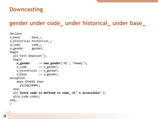 Downcasting
gender under code_ under historical_ under base_
declare
o_base base_;
o_historical historical_;
o_code code_;
o_gender gender;
begin
pl('test downcast');
begin
o_gendero_gender := new gendernew gender('Hi', 'Howdy');
o_code := o_gender;
o_historical := o_gender;
o_base := o_gender;
exception
when OTHERS then
pl(SQLERRM);
end;
pl('Since code is defined in code_ it''s accessible!Since code is defined in code_ it''s accessible!');
pl(o_code.code);
end;
/
 