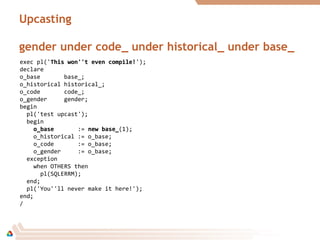 Upcasting
gender under code_ under historical_ under base_
exec pl('This won''t even compile!This won''t even compile!');
declare
o_base base_;
o_historical historical_;
o_code code_;
o_gender gender;
begin
pl('test upcast');
begin
o_baseo_base := new base_new base_(1);
o_historical := o_base;
o_code := o_base;
o_gender := o_base;
exception
when OTHERS then
pl(SQLERRM);
end;
pl('You''ll never make it here!');
end;
/
 