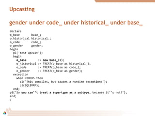 Upcasting
gender under code_ under historical_ under base_
declare
o_base base_;
o_historical historical_;
o_code code_;
o_gender gender;
begin
pl('test upcast');
begin
o_baseo_base := new base_new base_(1);
o_historical := TREAT(o_base as historical_);
o_code := TREAT(o_base as code_);
o_gender := TREAT(o_base as gender);
exception
when OTHERS then
pl('This compiles, but causes a runtime exception:');
pl(SQLERRM);
end;
pl('So you can''t treat a supertype as a subtypeyou can''t treat a supertype as a subtype, because it''s not!');
end;
/
 