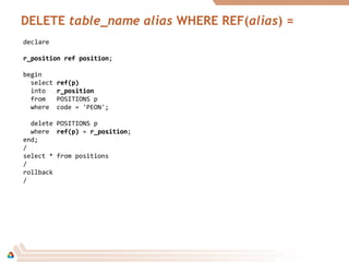 DELETE table_name alias WHERE REF(alias) =
declare
r_positionr_position ref positionref position;
begin
select ref(p)ref(p)
into r_positionr_position
from POSITIONS p
where code = 'PEON';
delete POSITIONS p
where ref(p)ref(p) = r_positionr_position;
end;
/
select * from positions
/
rollback
/
 