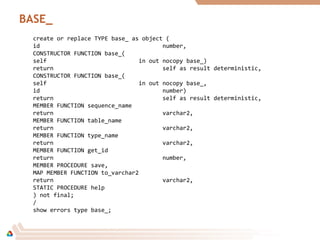 BASE_
create or replace TYPE base_ as object (
id number,
CONSTRUCTOR FUNCTION base_(
self in out nocopy base_)
return self as result deterministic,
CONSTRUCTOR FUNCTION base_(
self in out nocopy base_,
id number)
return self as result deterministic,
MEMBER FUNCTION sequence_name
return varchar2,
MEMBER FUNCTION table_name
return varchar2,
MEMBER FUNCTION type_name
return varchar2,
MEMBER FUNCTION get_id
return number,
MEMBER PROCEDURE save,
MAP MEMBER FUNCTION to_varchar2
return varchar2,
STATIC PROCEDURE help
) not final;
/
show errors type base_;
 