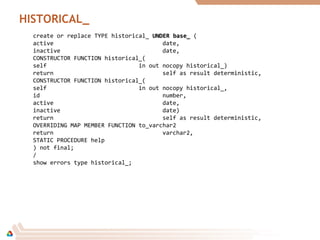 HISTORICAL_
create or replace TYPE historical_ UNDERUNDER base_base_ (
active date,
inactive date,
CONSTRUCTOR FUNCTION historical_(
self in out nocopy historical_)
return self as result deterministic,
CONSTRUCTOR FUNCTION historical_(
self in out nocopy historical_,
id number,
active date,
inactive date)
return self as result deterministic,
OVERRIDING MAP MEMBER FUNCTION to_varchar2
return varchar2,
STATIC PROCEDURE help
) not final;
/
show errors type historical_;
 