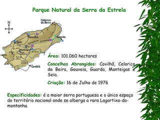 Parque Natural da Serra da Estrela
Área: 101.060 hectares
Concelhos Abrangidos: Covilhã, Celorico
da Beira, Gouveia, Guarda, Manteigas e
Seia.
Criação: 16 de Julho de 1976
Especificidades: é a maior serra portuguesa e o único espaço
do território nacional onde se alberga a rara Lagartixa-da-
montanha.
 