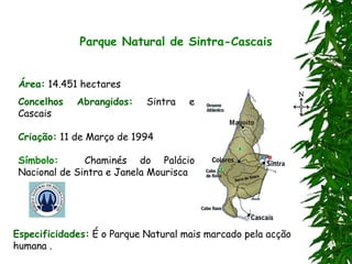 Parque Natural de Sintra-Cascais
Área: 14.451 hectares
Concelhos Abrangidos: Sintra e
Cascais
Criação: 11 de Março de 1994
Símbolo: Chaminés do Palácio
Nacional de Sintra e Janela Mourisca
Especificidades: É o Parque Natural mais marcado pela acção
humana .
 