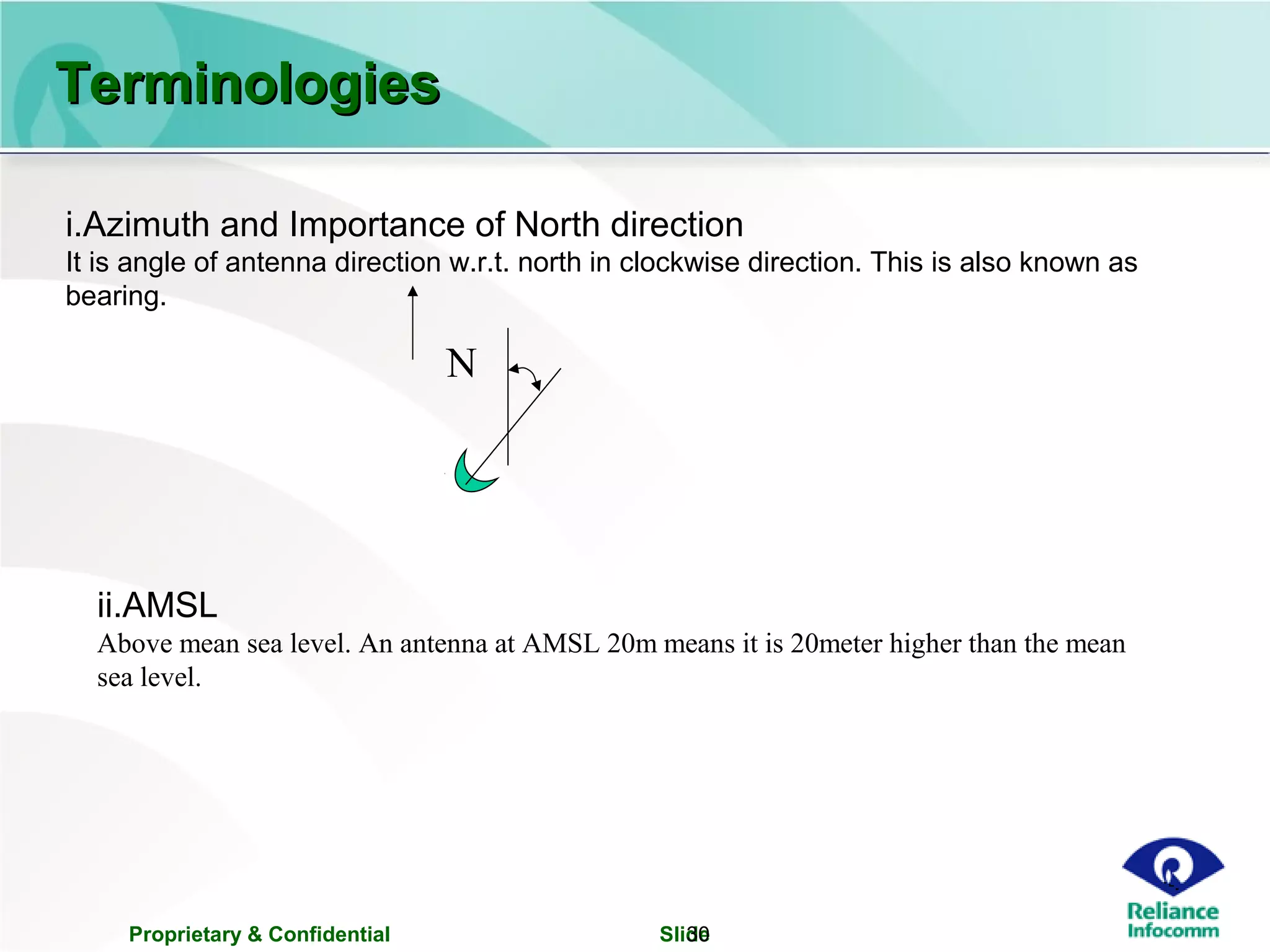 Proprietary & Confidential Slide30
i.Azimuth and Importance of North direction
It is angle of antenna direction w.r.t. north in clockwise direction. This is also known as
bearing.
N
ii.AMSL
Above mean sea level. An antenna at AMSL 20m means it is 20meter higher than the mean
sea level.
TerminologiesTerminologies
 