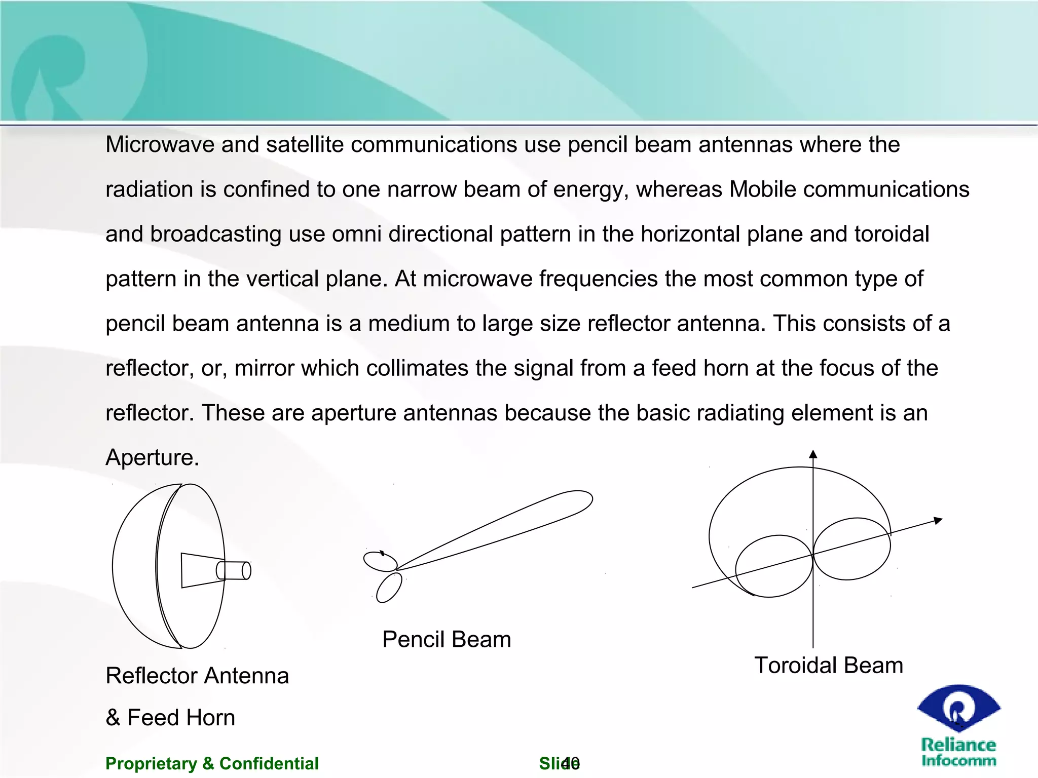 Proprietary & Confidential Slide40
Microwave and satellite communications use pencil beam antennas where the
radiation is confined to one narrow beam of energy, whereas Mobile communications
and broadcasting use omni directional pattern in the horizontal plane and toroidal
pattern in the vertical plane. At microwave frequencies the most common type of
pencil beam antenna is a medium to large size reflector antenna. This consists of a
reflector, or, mirror which collimates the signal from a feed horn at the focus of the
reflector. These are aperture antennas because the basic radiating element is an
Aperture.
`
Reflector Antenna
& Feed Horn
Pencil Beam
Toroidal Beam
 