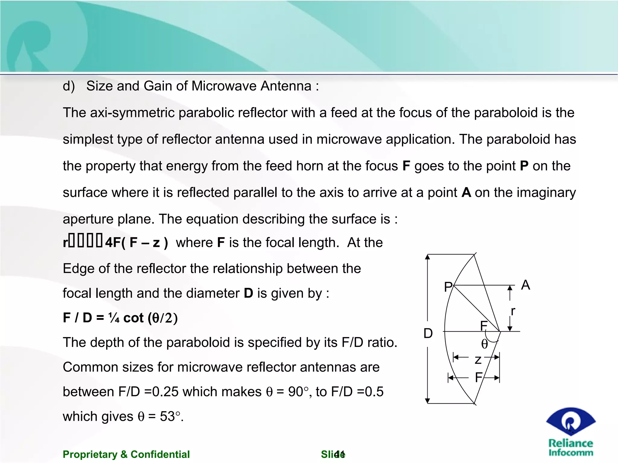 Proprietary & Confidential Slide41
d) Size and Gain of Microwave Antenna :
The axi-symmetric parabolic reflector with a feed at the focus of the paraboloid is the
simplest type of reflector antenna used in microwave application. The paraboloid has
the property that energy from the feed horn at the focus F goes to the point P on the
surface where it is reflected parallel to the axis to arrive at a point A on the imaginary
aperture plane. The equation describing the surface is :
P A
F
D
θ
F
z
r
r4F( F – z ) where F is the focal length. At the
Edge of the reflector the relationship between the
focal length and the diameter D is given by :
F / D = ¼ cot (θ/2)
The depth of the paraboloid is specified by its F/D ratio.
Common sizes for microwave reflector antennas are
between F/D =0.25 which makes θ = 90°, to F/D =0.5
which gives θ = 53°.
 