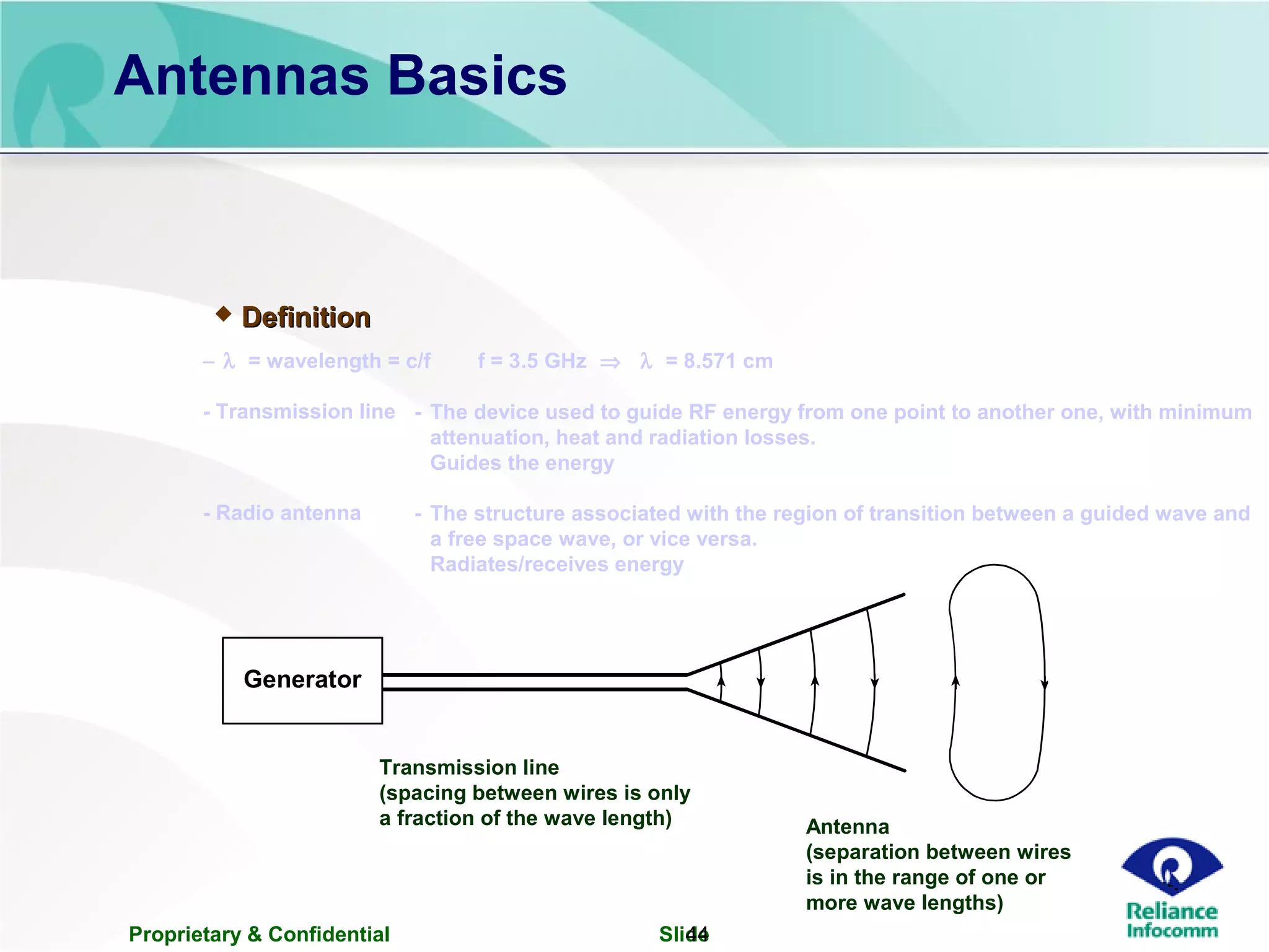 Proprietary & Confidential Slide44
Generator
Antennas Basics
 DefinitionDefinition
- The device used to guide RF energy from one point to another one, with minimum
attenuation, heat and radiation losses.
Guides the energy
- The structure associated with the region of transition between a guided wave and
a free space wave, or vice versa.
Radiates/receives energy
− λ = wavelength = c/f f = 3.5 GHz ⇒ λ = 8.571 cm
- Transmission line
- Radio antenna
Transmission line
(spacing between wires is only
a fraction of the wave length) Antenna
(separation between wires
is in the range of one or
more wave lengths)
 