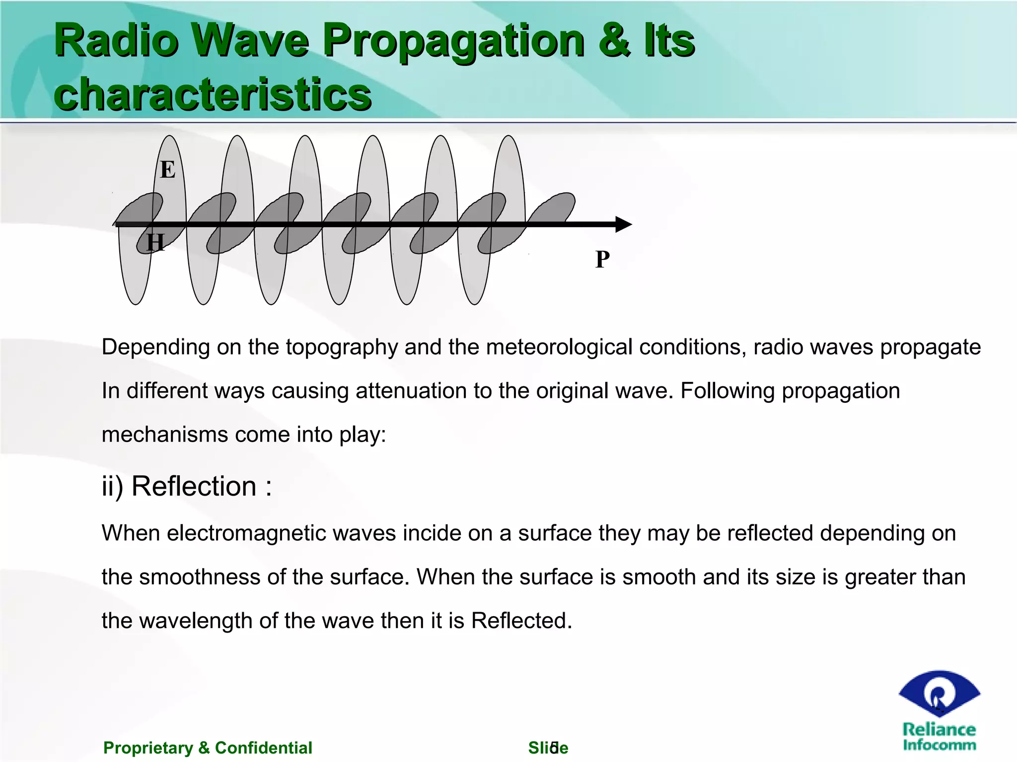 Proprietary & Confidential Slide5
Radio Wave Propagation & ItsRadio Wave Propagation & Its
characteristicscharacteristics
E
H
P
Depending on the topography and the meteorological conditions, radio waves propagate
In different ways causing attenuation to the original wave. Following propagation
mechanisms come into play:
ii) Reflection :
When electromagnetic waves incide on a surface they may be reflected depending on
the smoothness of the surface. When the surface is smooth and its size is greater than
the wavelength of the wave then it is Reflected.
 